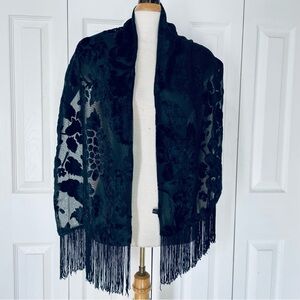 Cejon Black Velvet Floral Pattern Shawl Scarf with Fringe